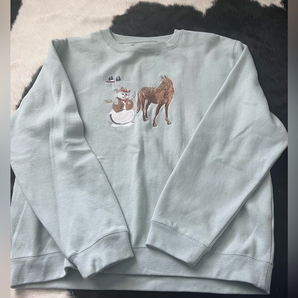 Bit & Bridle Light Sage Green Sweatshirt with Horse & Snowman Embroidery